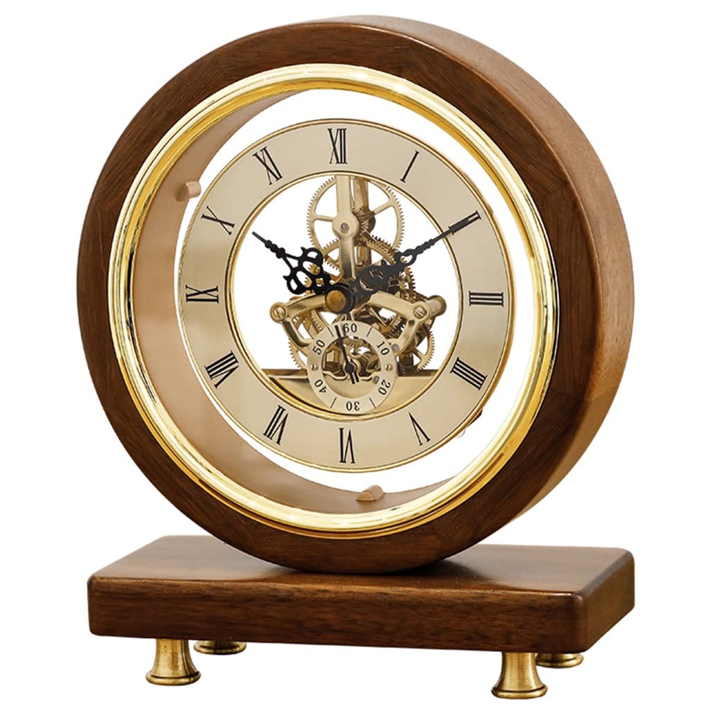 Vintage Wooden Analog Alarm Clock with Visible Mechanical Movement - Retro Mantel & Desk Clock for Home, Office, Bedroom Decor (Brown, 8.3x6.9x3 inches) | Perfect for Farmhouse, Industrial & Boho Style Rooms