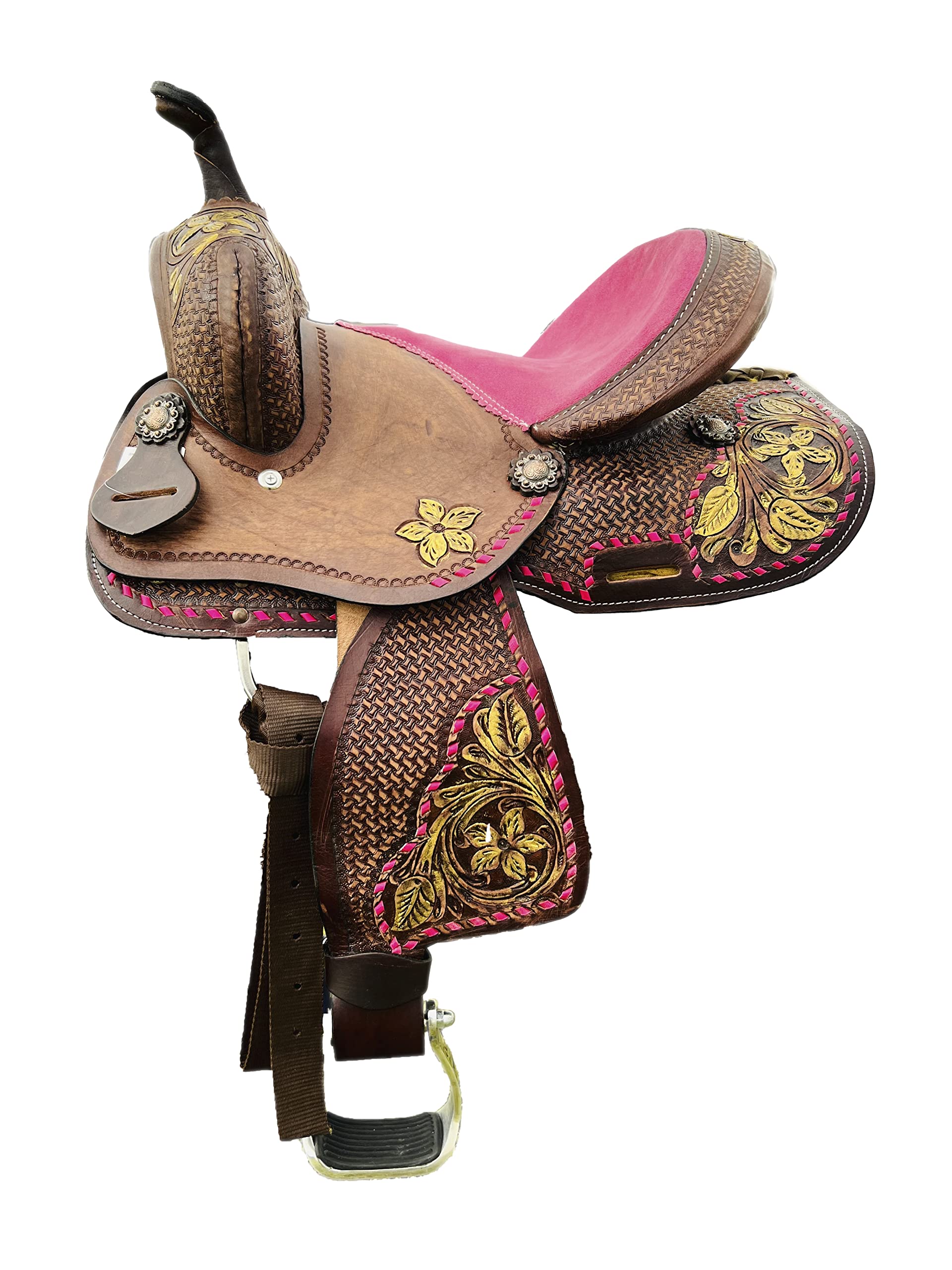 Genuine Leather Western Kids Barrel Saddle with Floral Tooling - Youth Rodeo Saddle for Barrel Racing, Trail Riding & Horseback Riding Practice - Perfect for Young Riders & Beginners