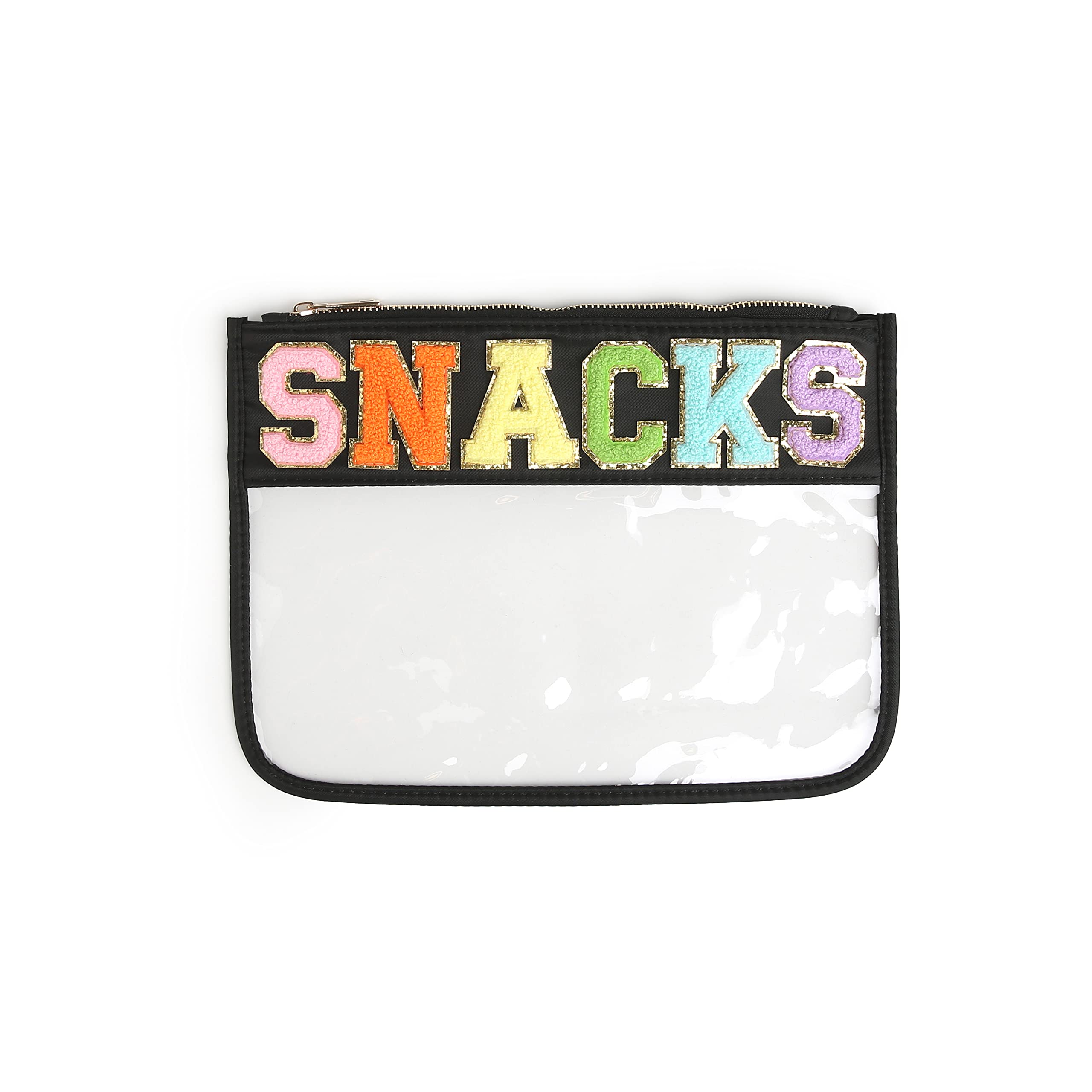 Varsity Letter Clear Zippered Pouch with Chenille & Gold Patches - Black Snack Bag for School, Sports & Travel Accessories Storage