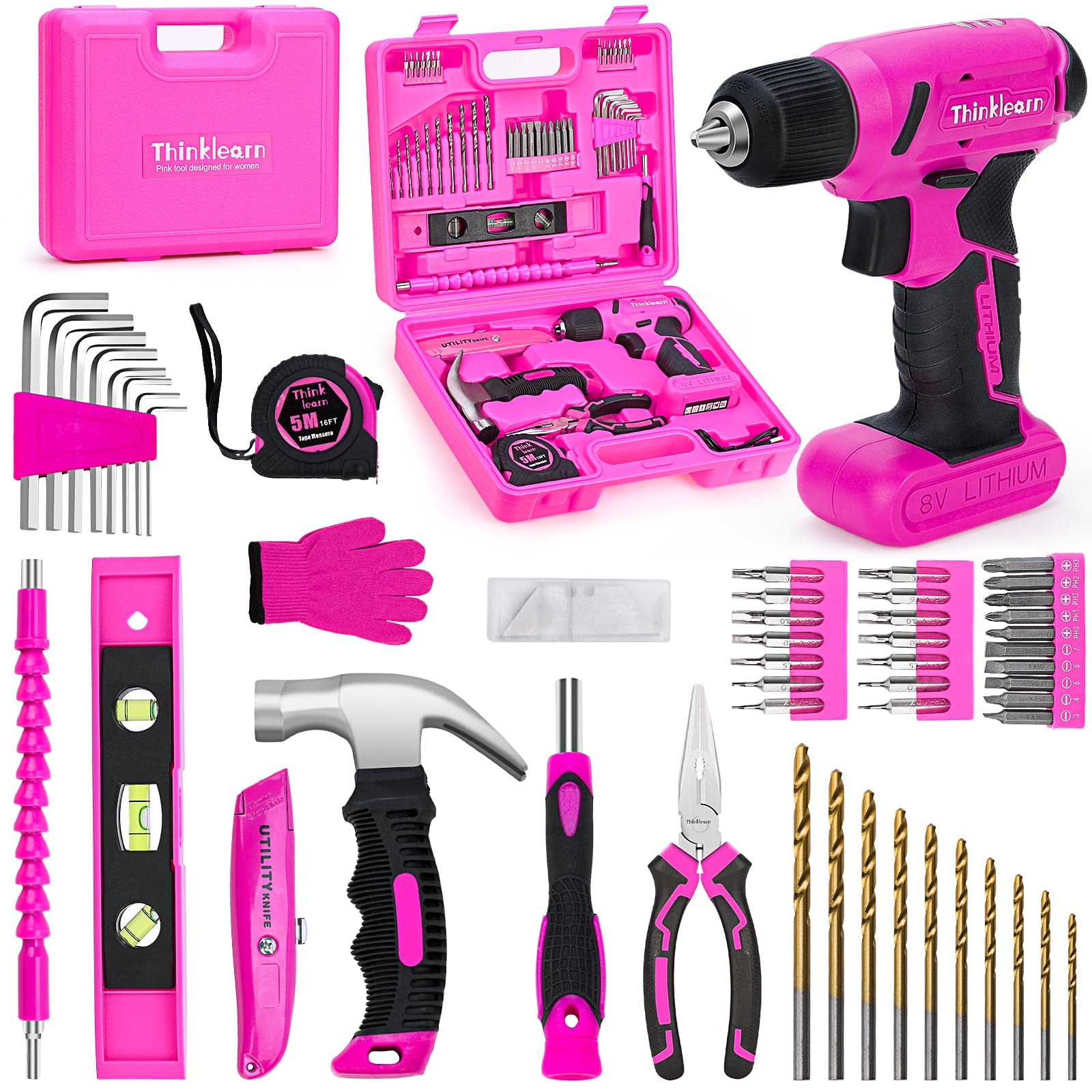 64PCS Pink Tool Set with Cordless Drill - 8V Power Drill & Electric Screwdriver Kit for Women, 3/8