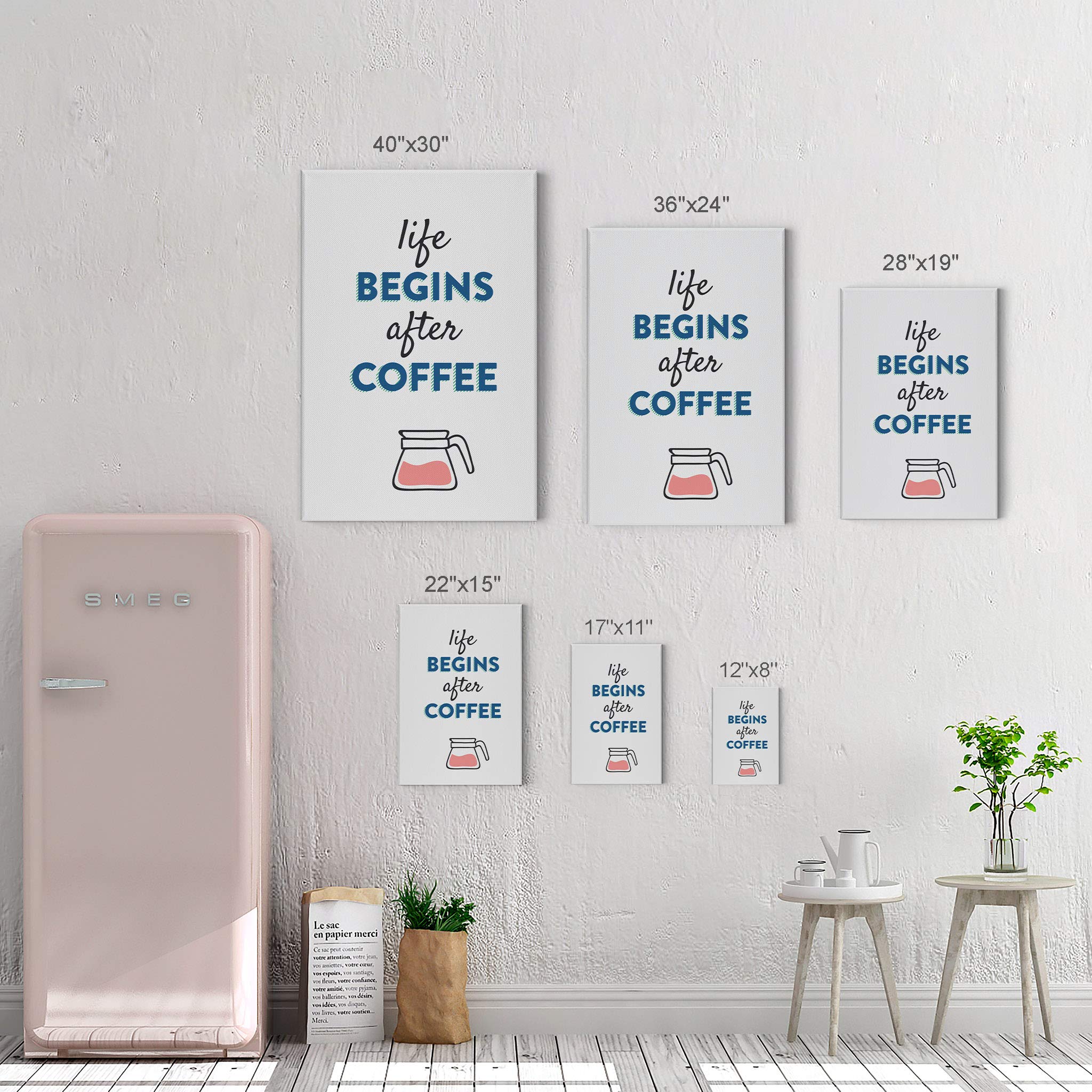 Retro Coffee Pot Canvas Wall Art Print - 'Life Begins After Coffee' Inspirational Quote - Kitchen Decor, Farmhouse Decor, Coffee Shop & Office Wall Art (36x24) - Perfect for Home, Restaurant & Café Decor