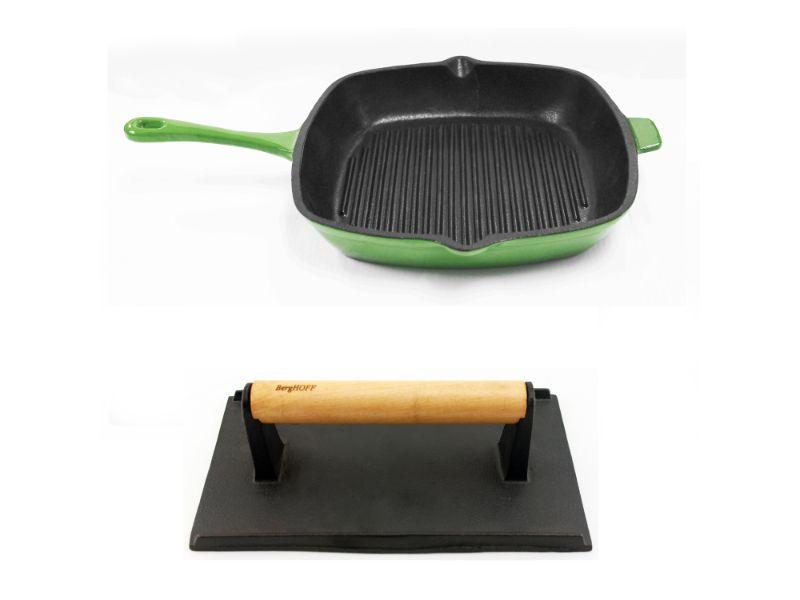 BergHOFF Neo 2-Piece Cast Iron Grill Pan Set with Steak Press - 11 Inch, Green | Perfect for Indoor & Outdoor Grilling, BBQ, Steak, Burgers & More