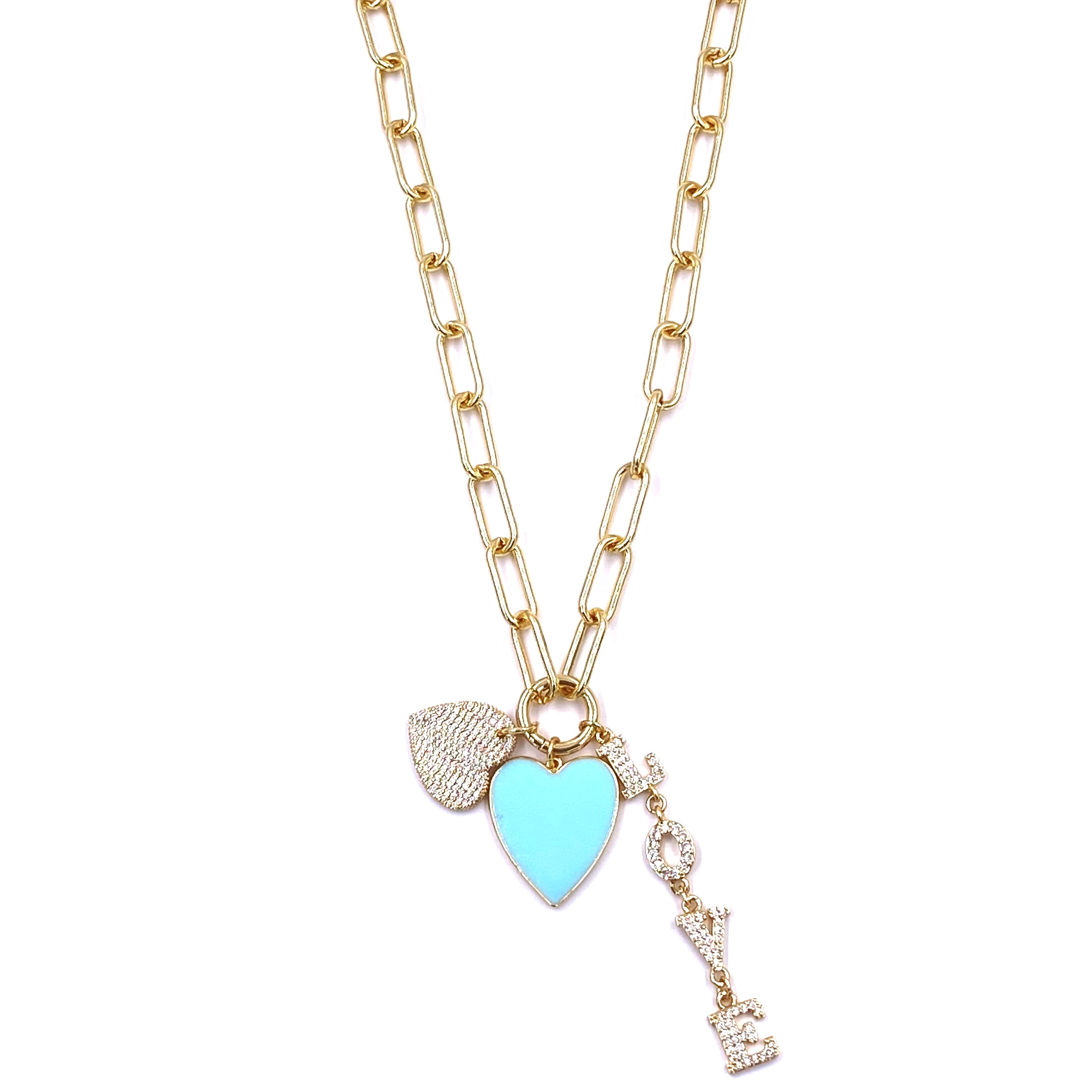 Ashley Gold Stainless Steel Gold Plated Triple Powder Blue Enamel Charm Necklace for Women - Elegant Layered Pendant Jewelry Gift for Birthday, Anniversary & Special Occasions