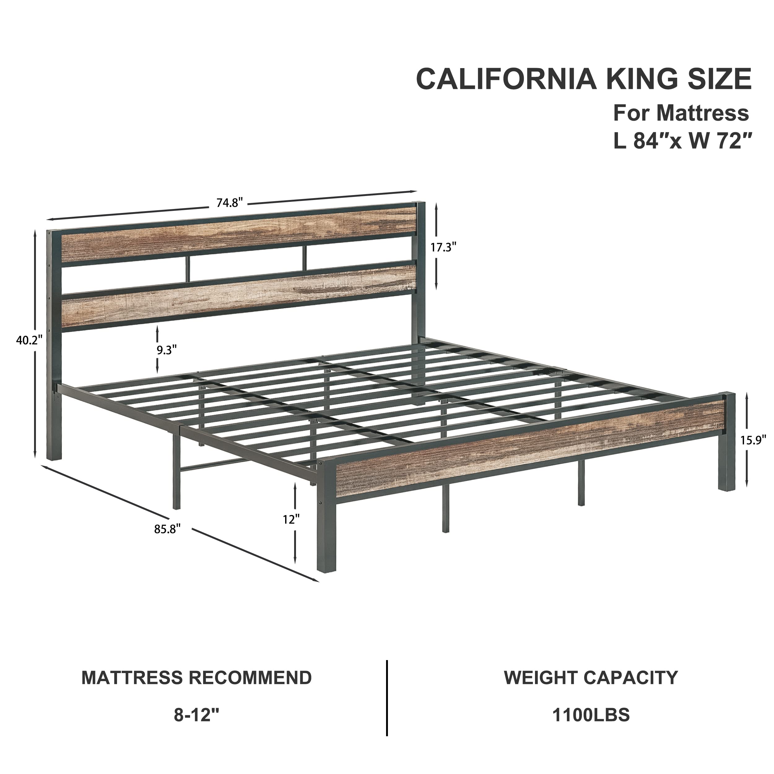 LIKIMIO California King Bed Frame with Headboard - Easy Assembly, Noise-Free Metal Platform Bed, Heavy Duty Support (No Box Spring Needed) - Rustic Brown Finish for Master Bedroom & Guest Room