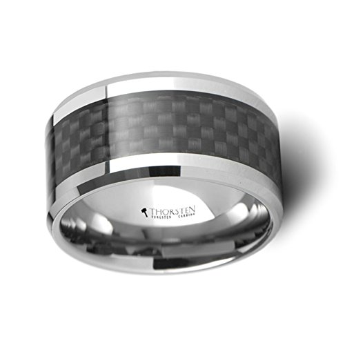 MAXIMUS Black Carbon Fiber Inlaid Tungsten Carbide Wedding Band Ring - 12mm Wide Polished Edge Mens Ring - Durable & Scratch Resistant for Daily Wear, Anniversary Gifts & Special Occasions