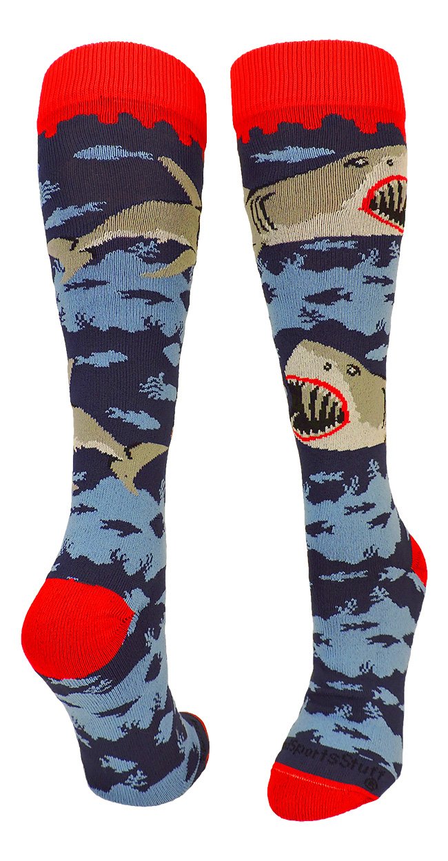 MadSportsStuff Great White Sharks Athletic Over the Calf Socks - Performance Compression Socks for Running, Basketball & Sports - Shark Themed Crew Socks for Men & Women