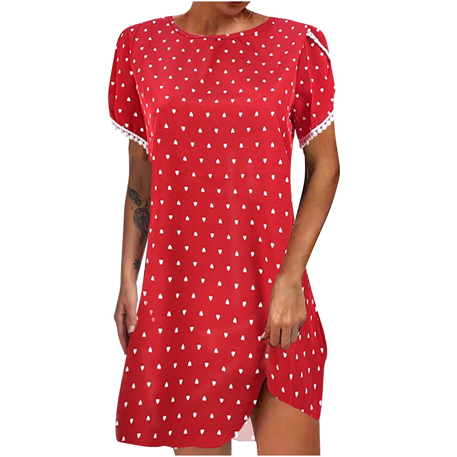 Women's Floral Printed Lace Round Neck Short Sleeve Mini Dress - Elegant Casual & Dressy Tops for Summer, Date Night, Office Wear & Special Occasions
