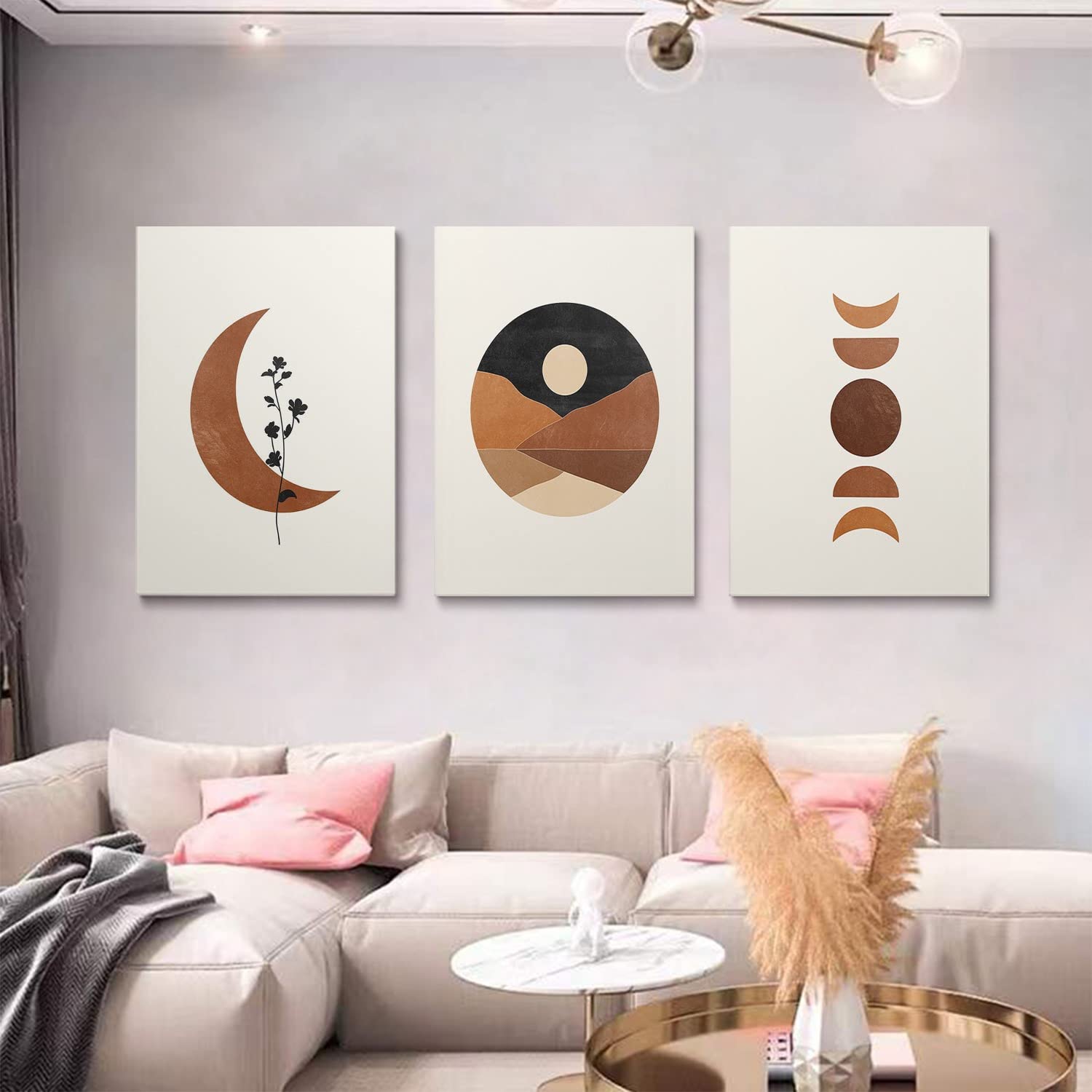 GUBIYU Set of 3 Boho Prints Framed Wall Art - Mid Century Modern Abstract Plant Decor in Beige (16