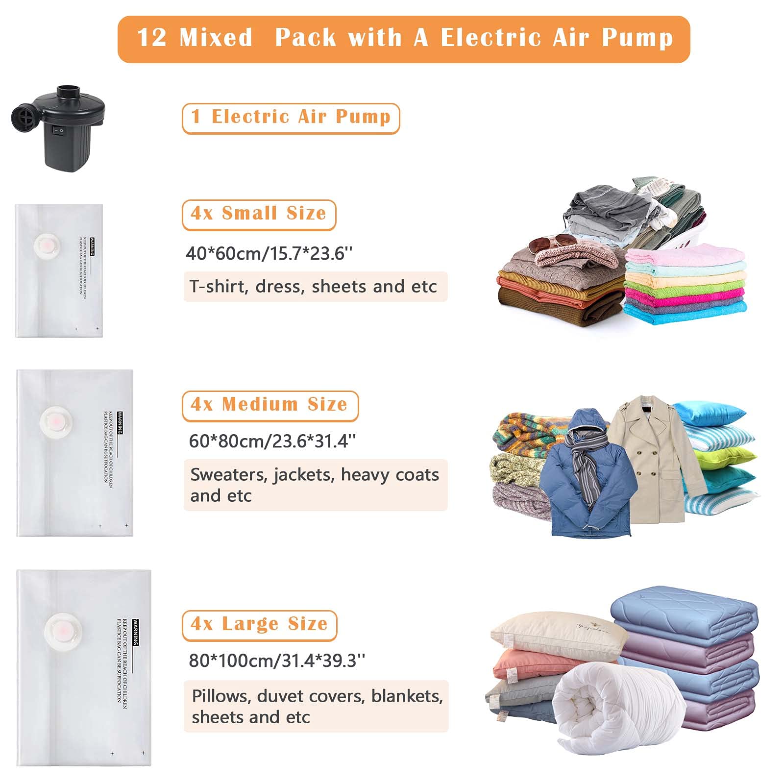BRIAN & DANY Vacuum Storage Bags with Electric Pump - 12 Pack (4 Jumbo, 4 Large, 4 Medium) Space Saver Bags for Clothes, Bedding & Mattress Storage | Compact Organizer for Travel, Seasonal Clothes & Home Organization