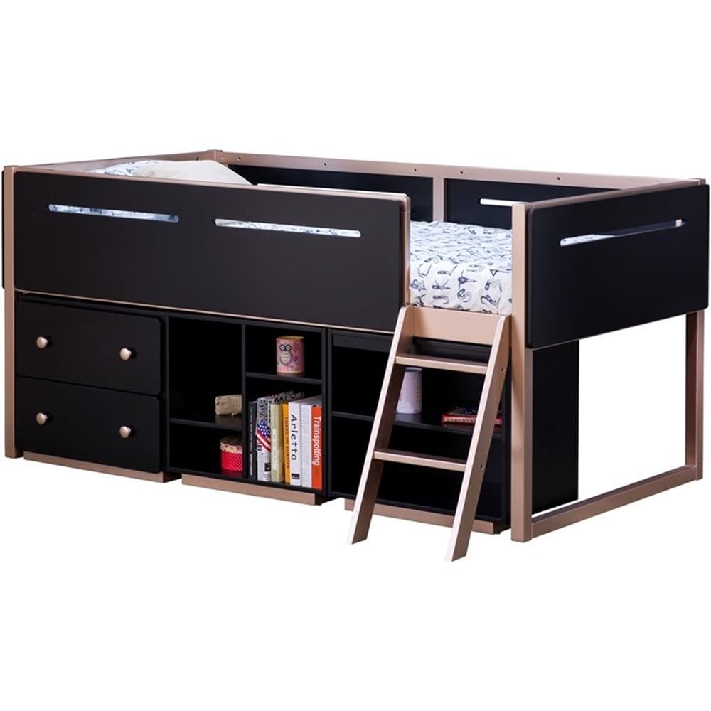 Acme Prescott Wooden Bookshelf with 2 Compartments - Black & Rose Gold Finish | Modern Home Office & Living Room Storage Solution