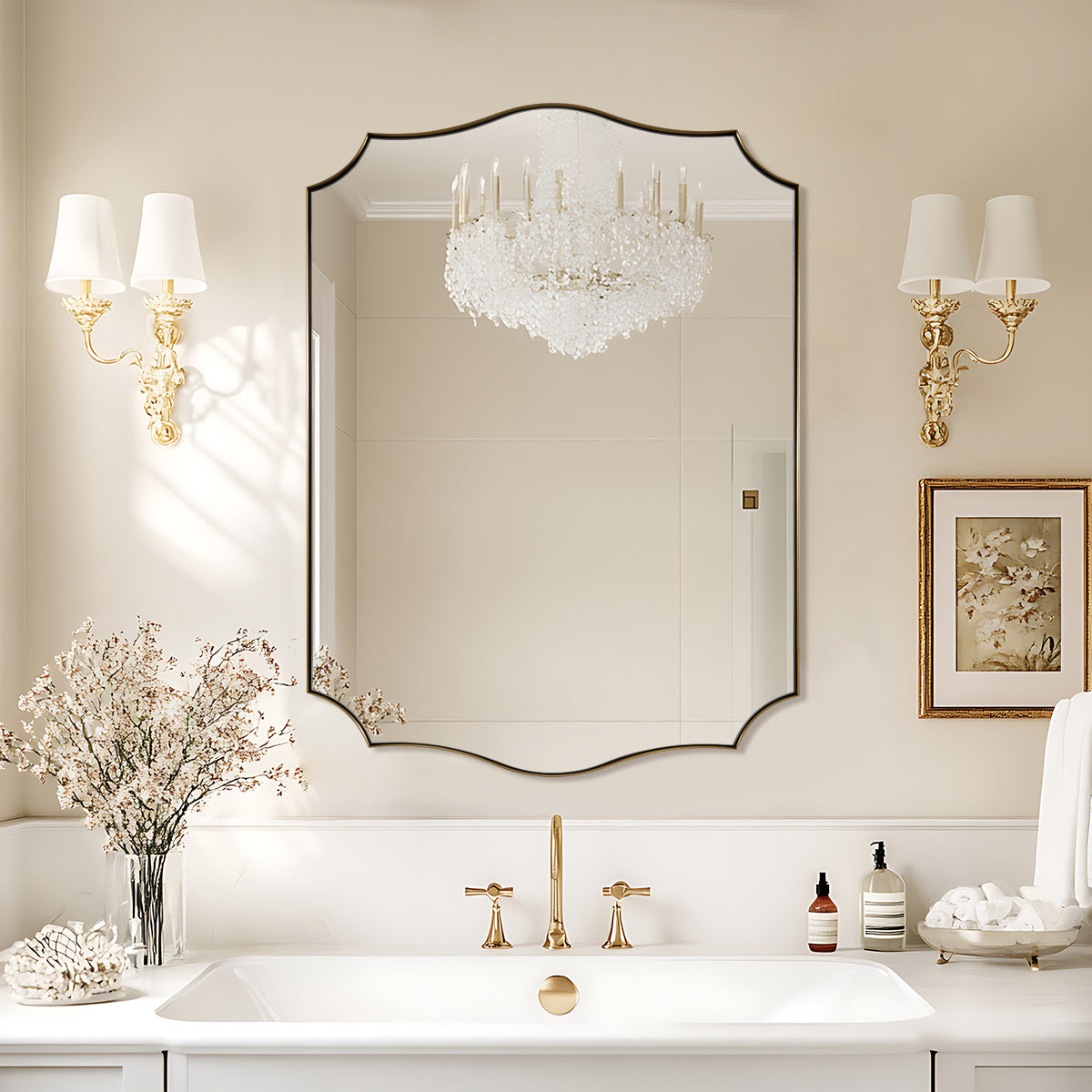 Contemporary Scalloped Rectangle Wall Mirror with Stainless Steel Frame - Elegant Home Decor for Living Room, Bedroom & Entryway