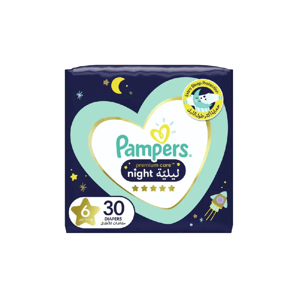 Pampers Premium Care Night Diapers Size 6 (14+ Kg) - 30 Count Pack | Overnight Protection for Active Toddlers | Baby Sleep Essentials