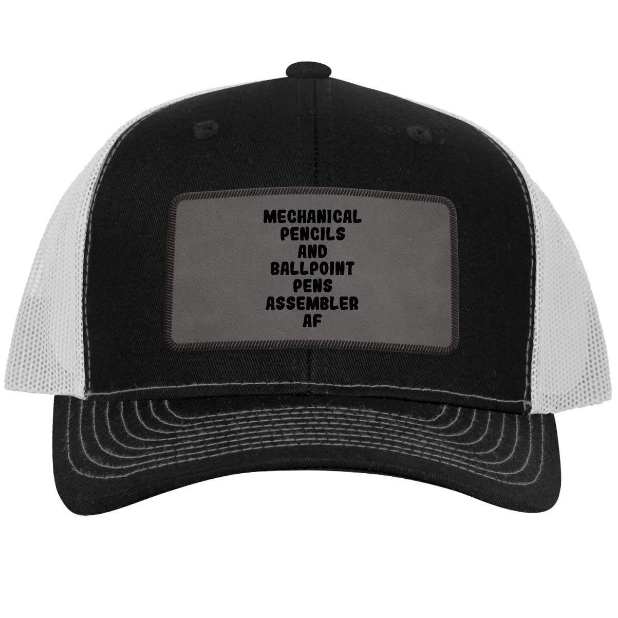 Premium Leather Grey Patch Engraved Trucker Hat - Customizable One Legging Design for Mechanical Pencils & Ballpoint Pens - Perfect for Workshop, Office & Casual Wear