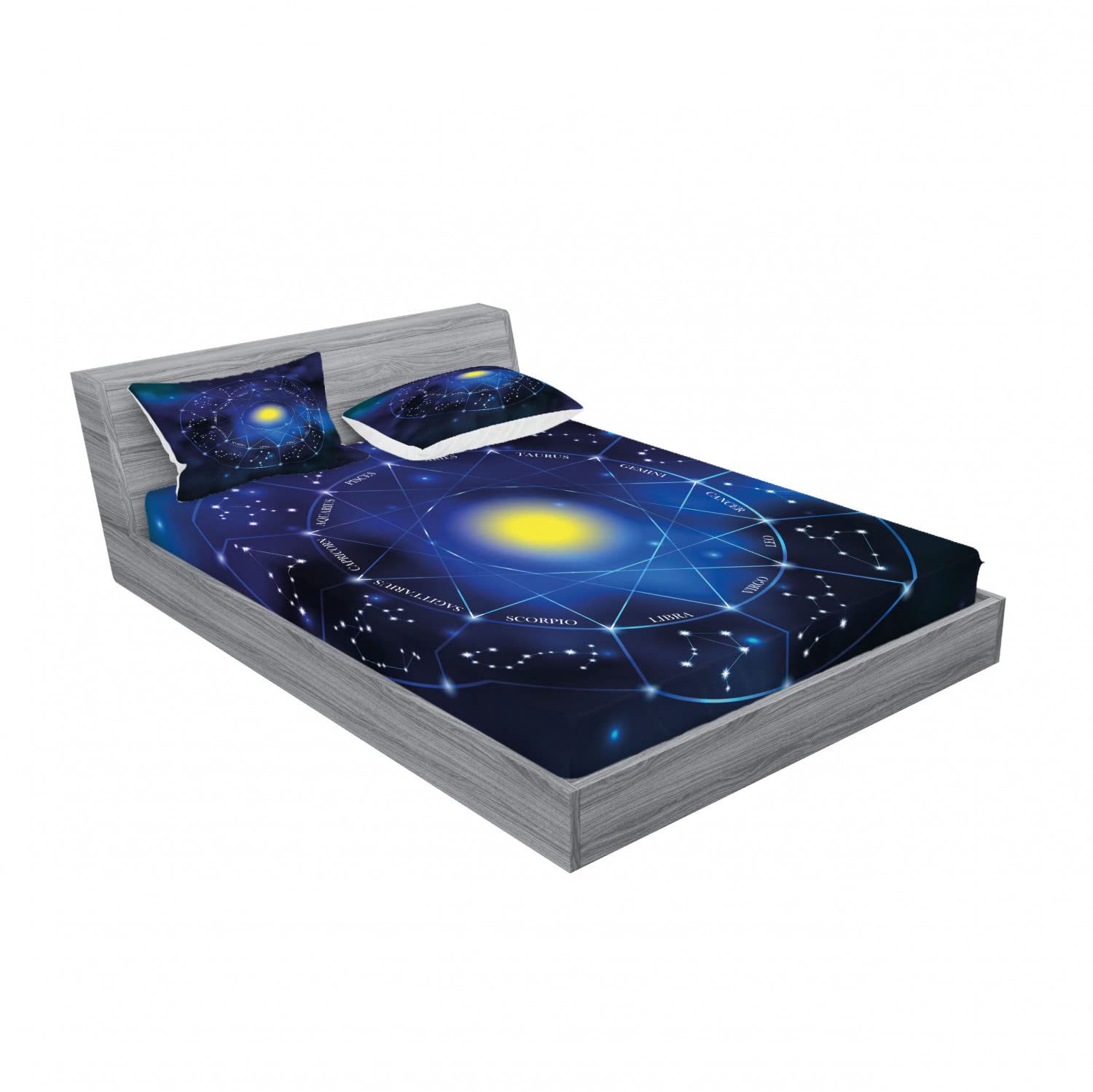 Ambesonne 2-Piece Queen Size Fitted Sheet Set with 4 Pillow Shams - Zodiac Constellation & Sun Design in Pale Blue, Indigo & Yellow | Astrology Themed Bedding for Home Decor, Dorm Room & Gift Giving
