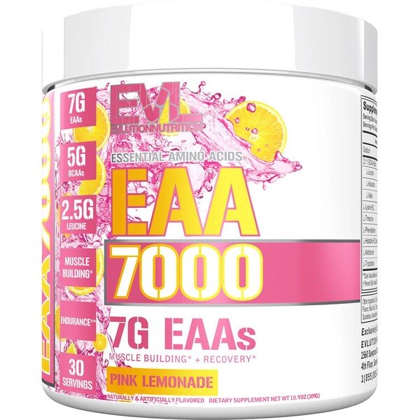 EVLution Nutrition EAA 7000 Essential Amino Acids Powder - Pink Lemonade Flavor, 309g for Muscle Recovery & Workout Energy | Pre & Post Workout Supplement for Athletes & Fitness Enthusiasts