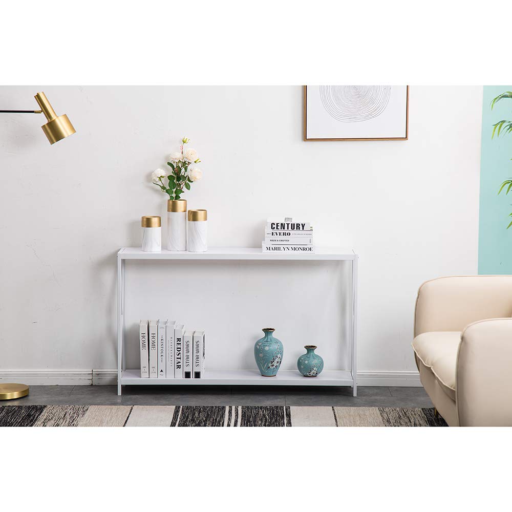 Modern Sofa Table with Storage Shelf - White Wood Grain Console Table for Living Room, Entryway & Foyer - Sturdy Triamine Board & Cross Iron Frame - Perfect as Side Table, Hallway Furniture or Porch Decor