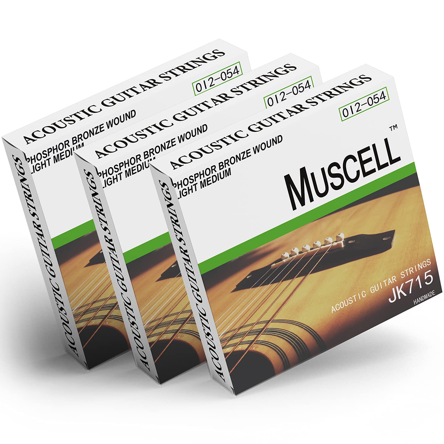 Premium MUSCELL Handmade Phosphor Bronze Acoustic Guitar Strings - 3 Pack (6 Strings) - Light Medium Gauge JK715 - Perfect for Folk, Country & Fingerstyle Playing