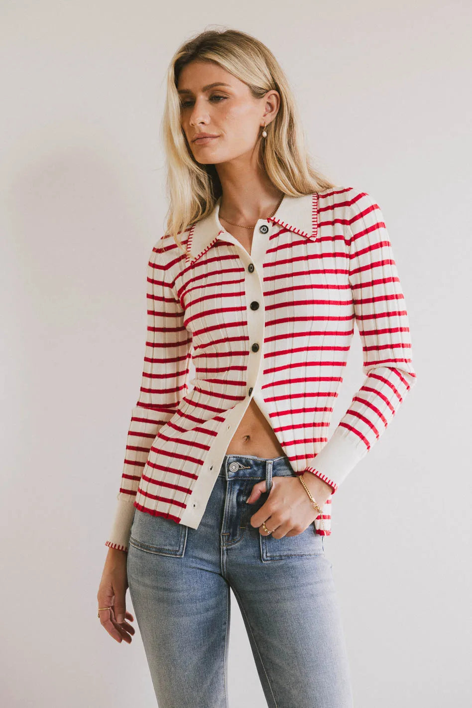 Harrison Women's Striped Collared Shirt - Long Sleeve Button Down Blouse in Red | Casual Office Wear & Spring Outfits