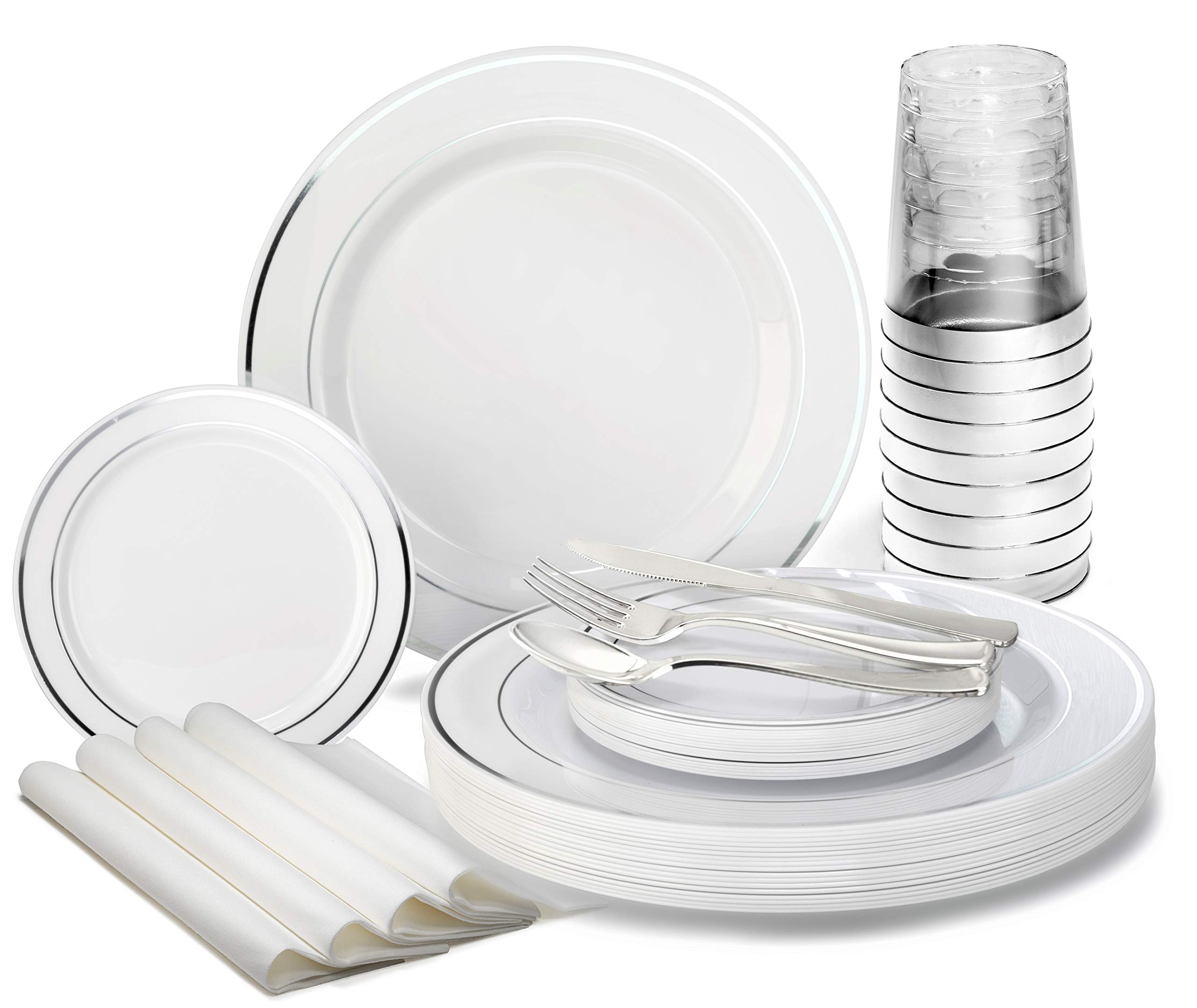 840-Piece Heavyweight Disposable Wedding Party Plate Set - 120 x 10.5'' Dinner Plates + 120 x 6.25'' Dessert Plates + Silverware + Cups + Napkins (White & Silver Rim) - Elegant Disposable Tableware for Weddings, Bridal Showers, Banquets & Special Events