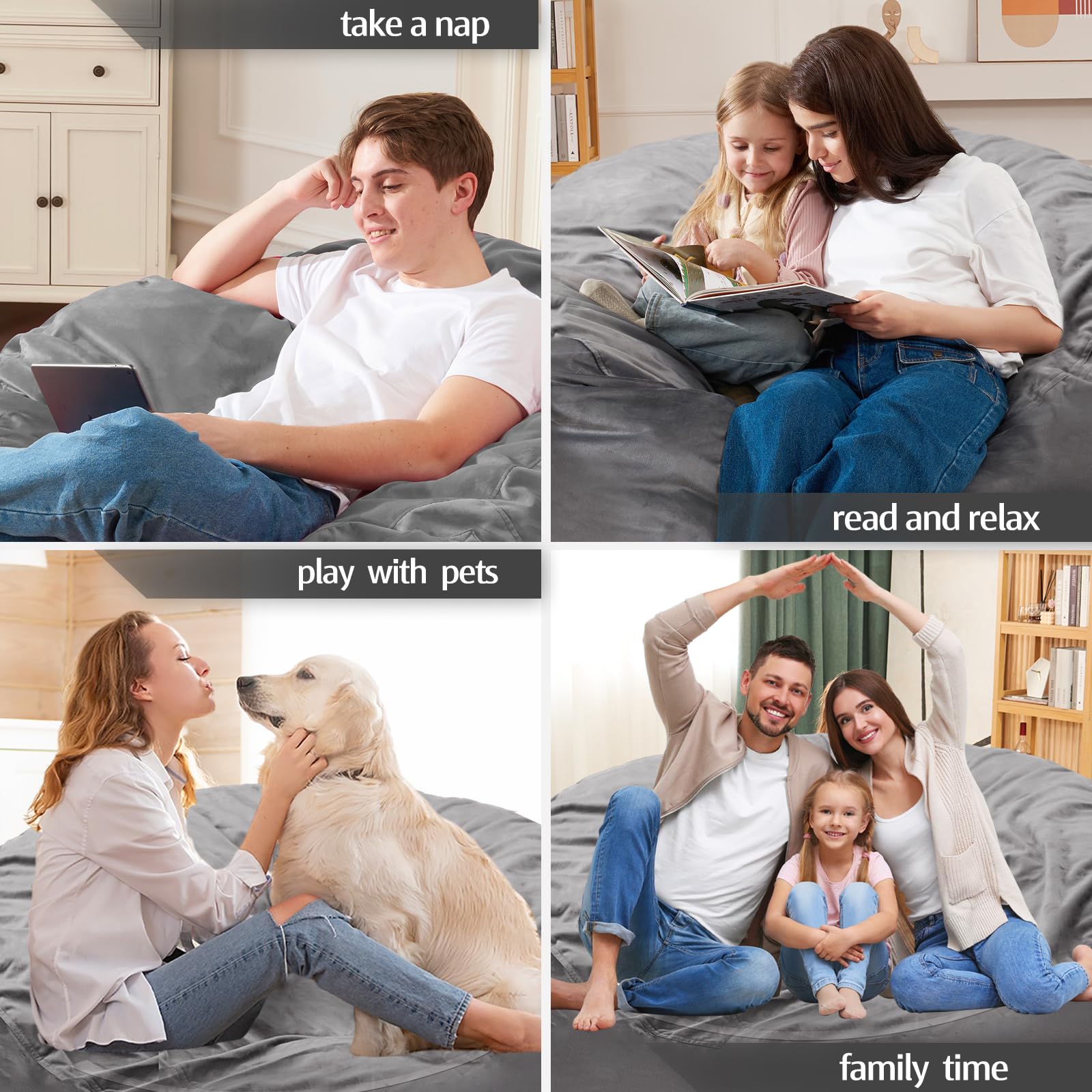 Homguava 5FT Giant Memory Foam Bean Bag Chair for Adults - Ultra Soft Dutch Velvet Cover, Comfortable Lounge Chair for Living Room, Bedroom, Game Room (Grey) - Perfect for Relaxing, Gaming & Movie Nights