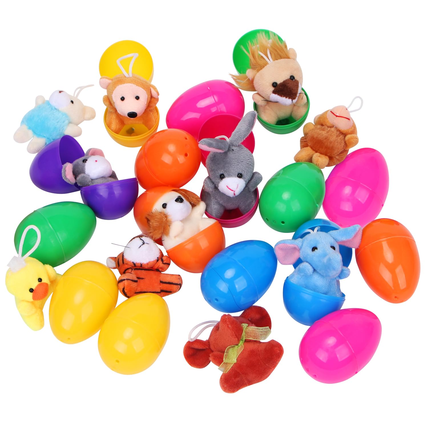 24-Piece NEWBEA Easter Egg Set with Plush Animal Toys - Plastic Easter Eggs Basket Stuffers for Kids, Classroom Prizes & Party Favors - Perfect for Easter Hunts, School Rewards & Holiday Gift Fillers