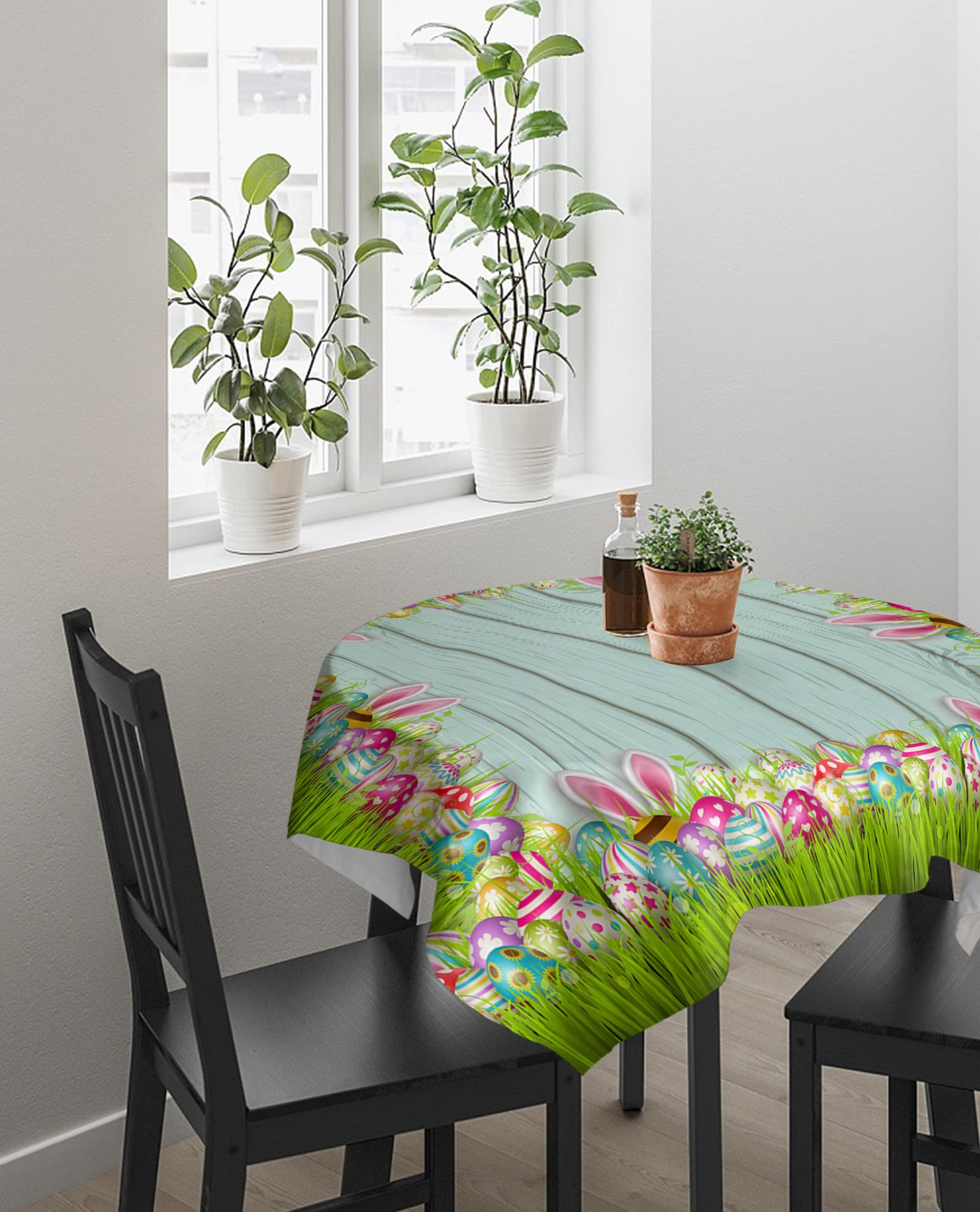 Easter Tablecloth Waterproof 60x60 Inch - Spring Bunny Eggs Rustic Wood Design Square Table Cover for Kitchen, Dining, Party & Outdoor Decor - Perfect for Easter Celebrations, Family Gatherings & Springtime Tablescapes