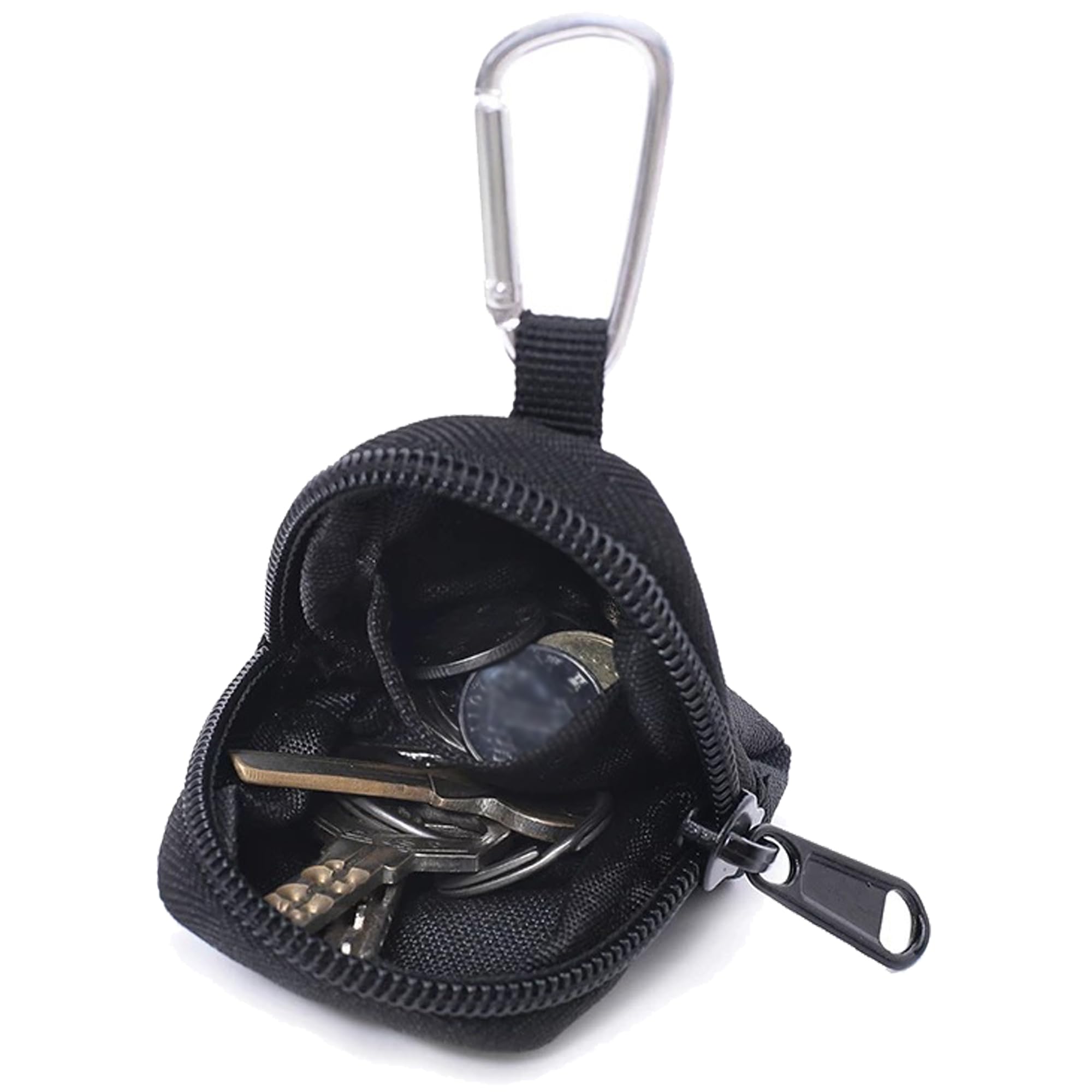 Zipper Coin Purse - Small Canvas Change Organizer with Keychain for Waist Pack - Compact Money Holder for Travel, Shopping & Daily Essentials (Black)