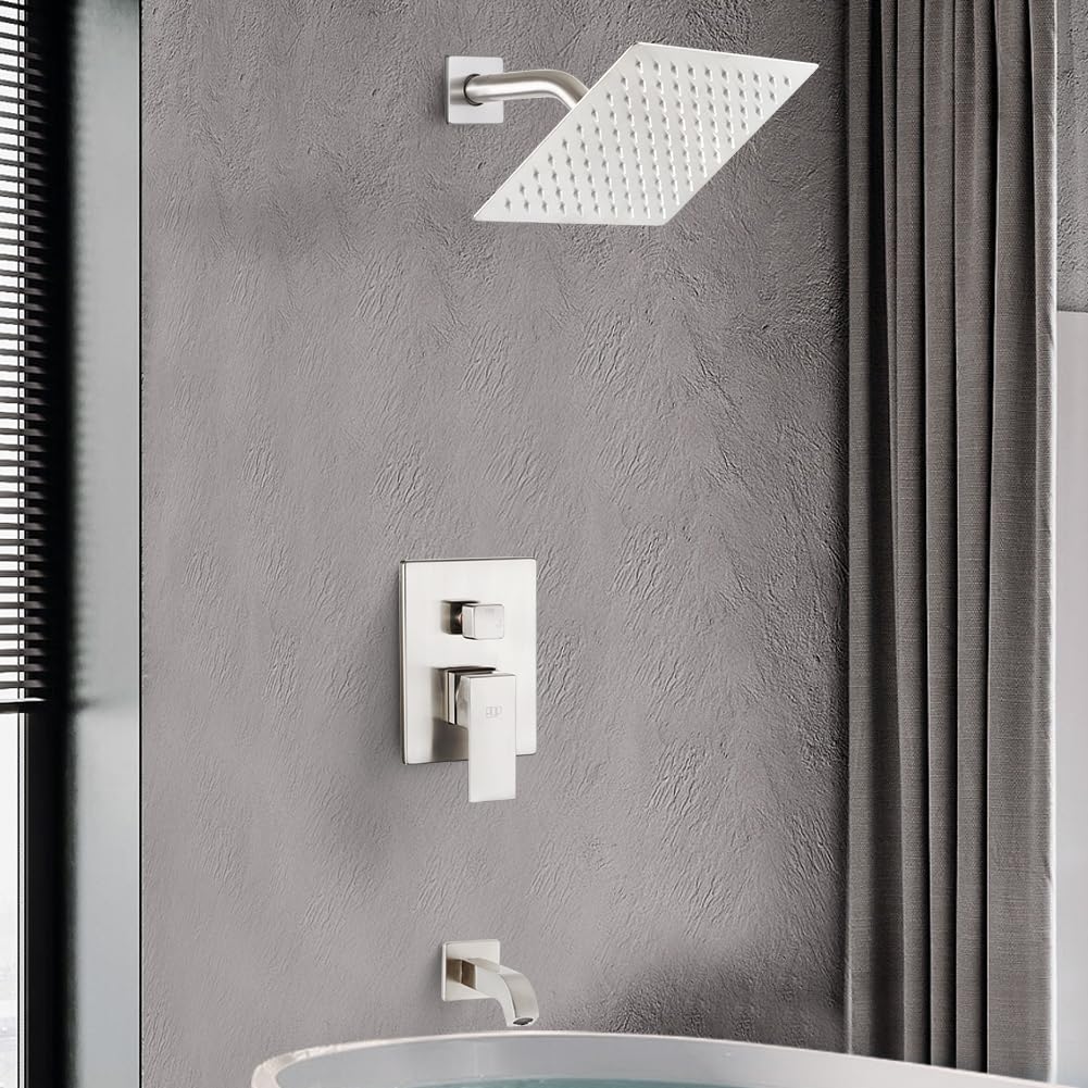 Premium Brushed Nickel Shower Faucet with Tub Spout - Wall Mounted Rainfall Shower System Kit Including Mixer Valve, Shower Head & Handle - Perfect for Modern Bathroom Renovation & Spa-Like Shower Experience
