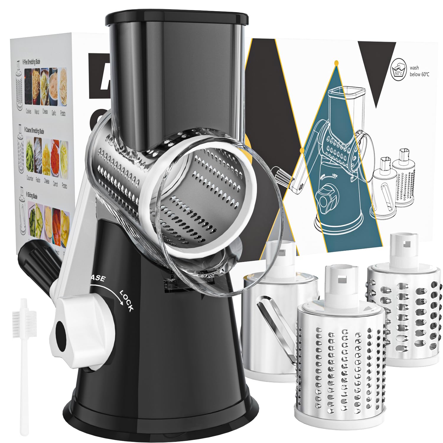 Cambom Rotary Cheese Grater - Hand Crank Cheese Shredder for Fresh Cheese, Vegetables & Nuts with Non-Slip Suction Base - Includes Free Cleaning Brush & 3 Blades (Black) - Perfect for Kitchen, Pizza Making & Food Prep