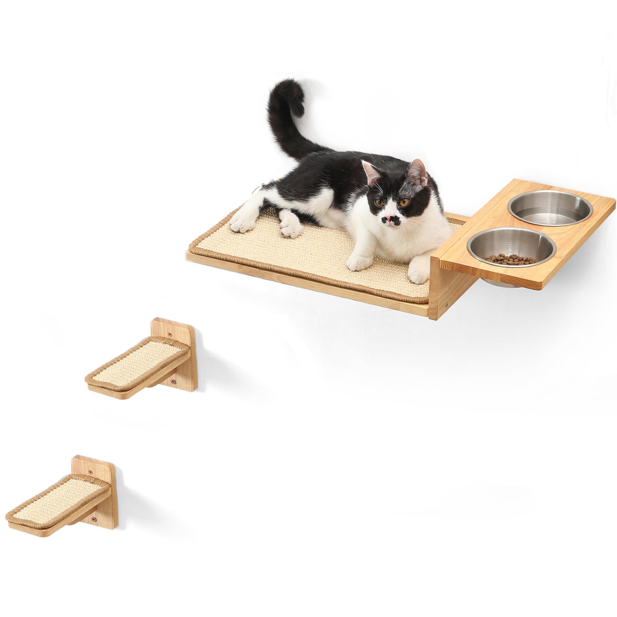FUKUMARU 3-in-1 Cat Wall Shelves Set with Food Station & 2-Step Perch - Solid Rubber Wood Wall Mounted Cat Furniture for Kittens to Play, Nap, and Eat - Perfect for Small Spaces & Creating a DIY Cat Jungle Gym at Home