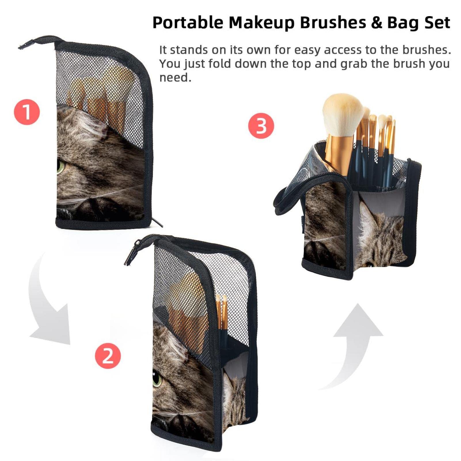 12-Piece Makeup Brush Organizer Bag with Pet Portrait Cat Design - Portable Cosmetic Brush Holder Case for Travel & Home Storage