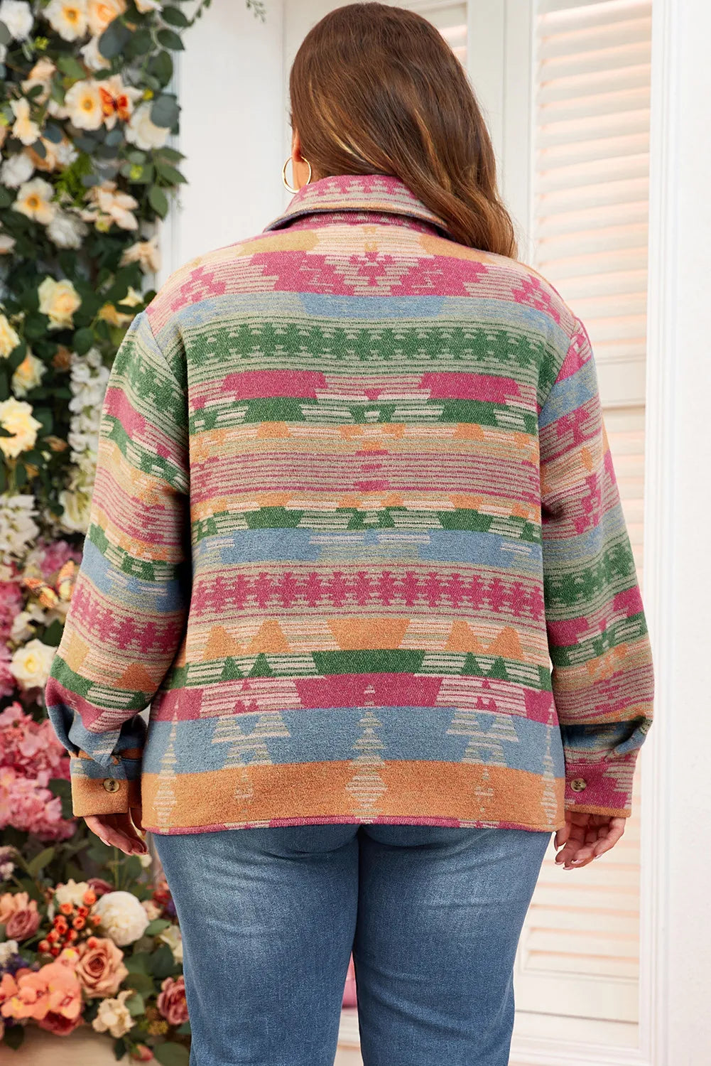**Plus Size Women's Printed Collared Jacket with Pockets - Stylish & Comfortable for Work, Travel & Casual Outings**