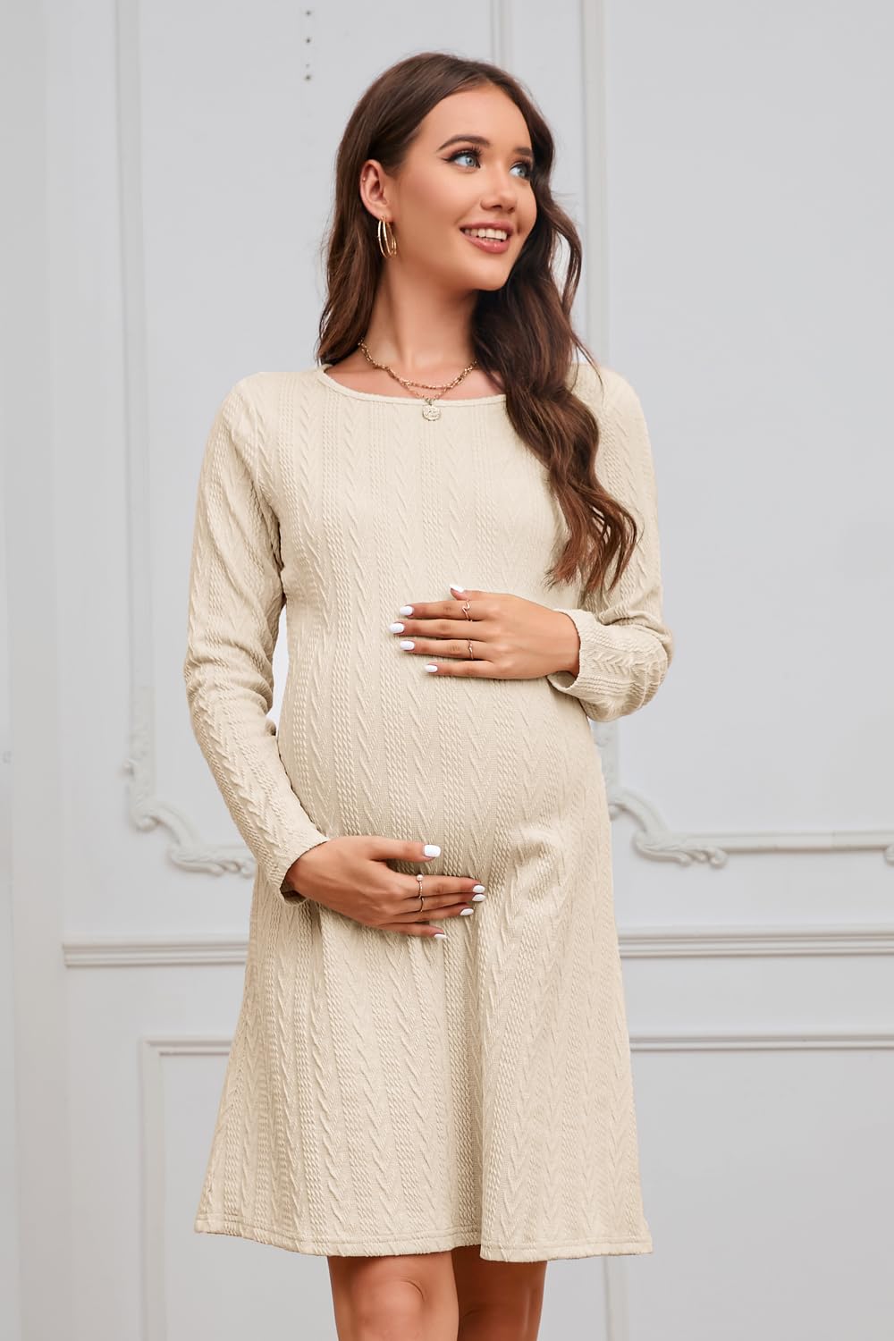 STYLEWORD Women's 2024 Spring Maternity Sweater Dress - Long Sleeve Knit Pullover for Pregnancy Photo Shoots & Casual Wear | Comfortable Stretchy Nursing Dress for Moms