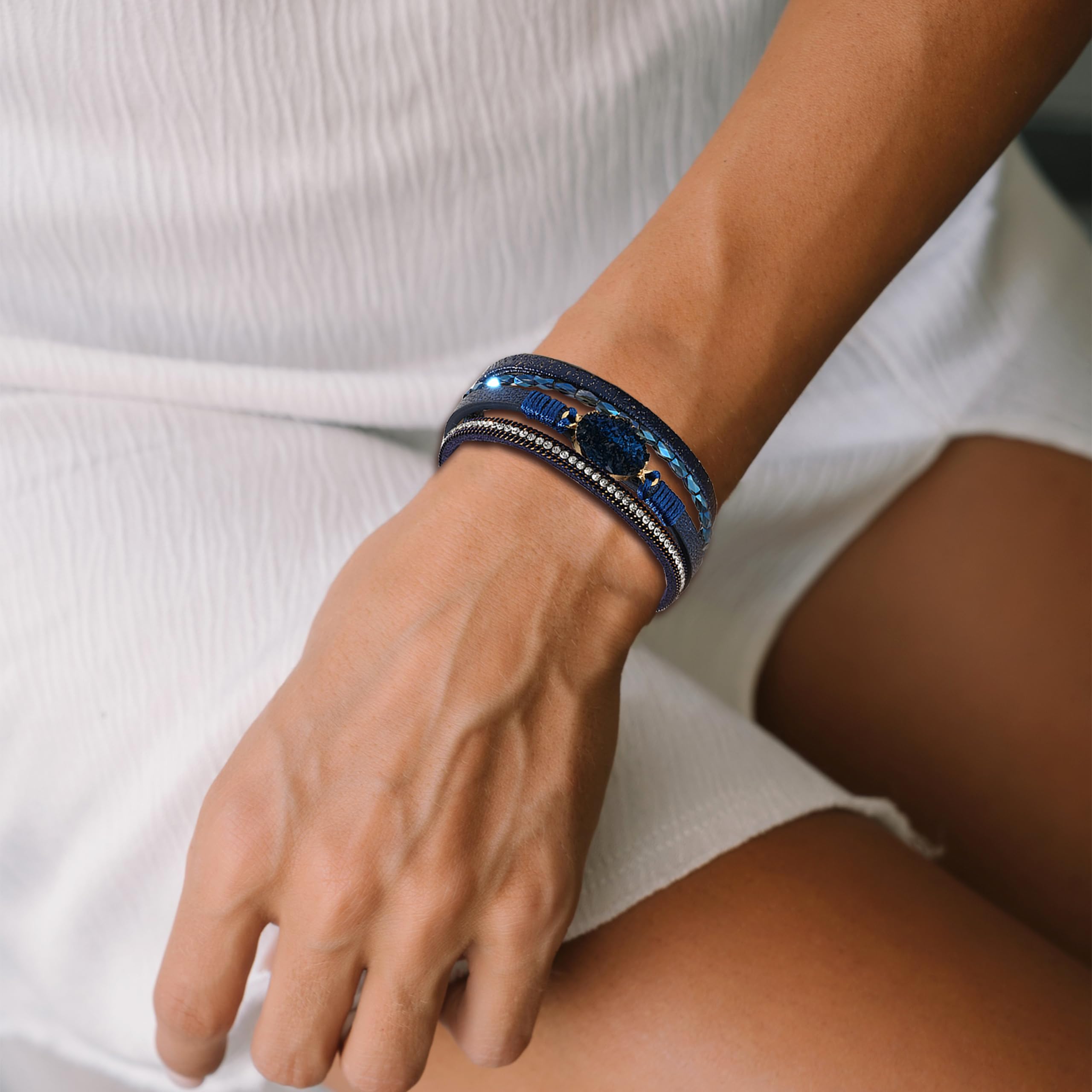 Trendy Blue Leather Wrap Bracelet for Women - Stackable Multi-Layer Cuff Bracelet - Western Style Jewelry for Everyday Wear & Layering Outfits