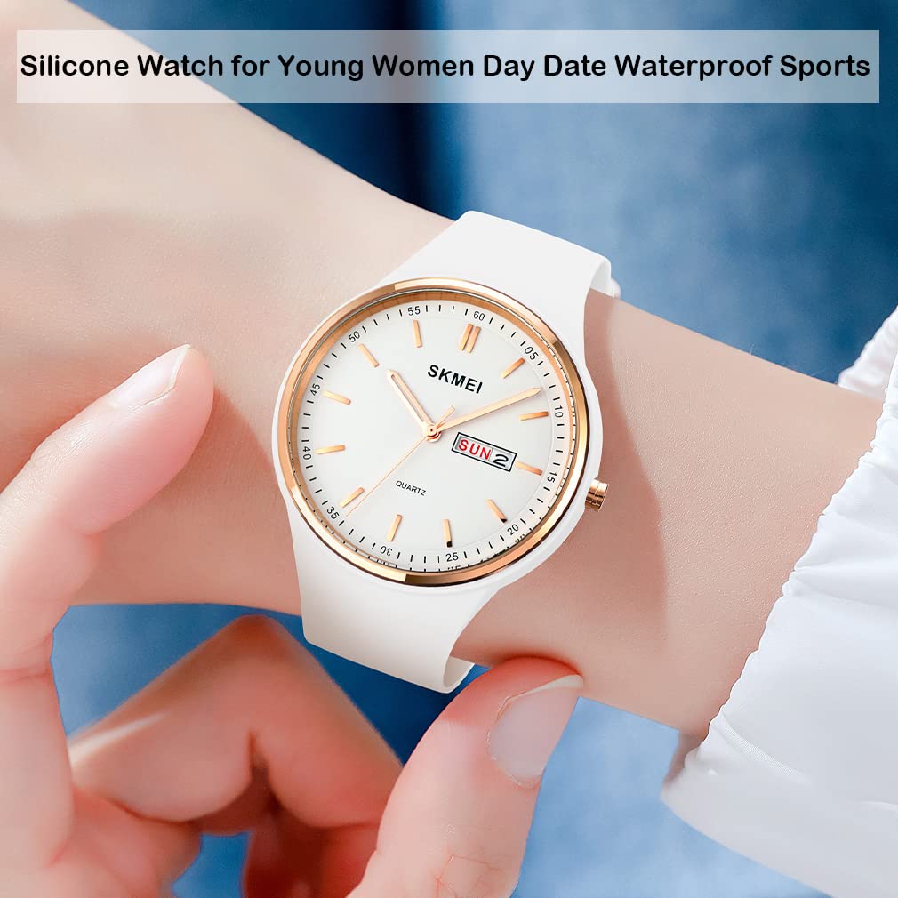 SKMEI Women's Sports Watch - Large Face, Waterproof, Silicone Band, Analog Quartz with Day & Date - Perfect for Running, Gym & Casual Wear - Ideal Gift for Girls & Young Women (White)