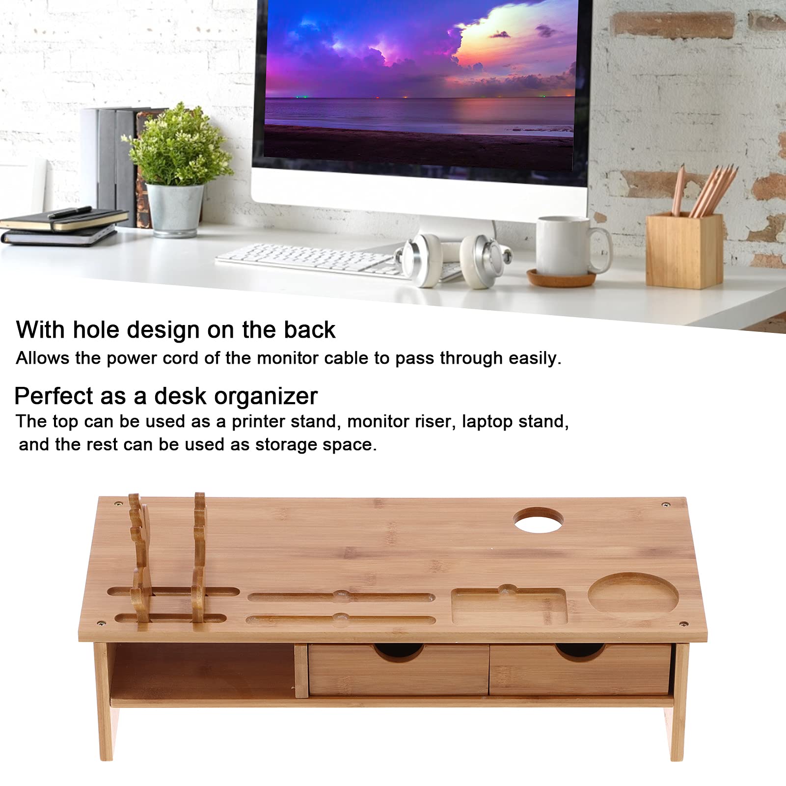 BigKing Bamboo Monitor Stand Riser with 2 Drawers - Home & Office Desktop Organizer for Computer, Laptop, Printer & Cellphone - Perfect for Workspace Organization & Ergonomic Setup