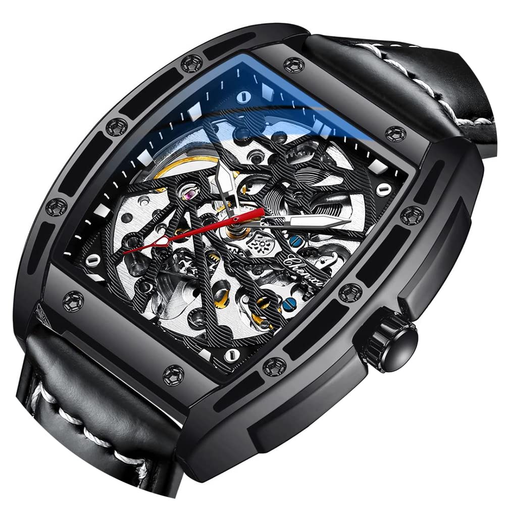 Tiong Sport Men's Automatic Mechanical Watch - Silver & Black Leather Strap Business Watch for Men | Perfect for Office, Formal Events & Everyday Wear