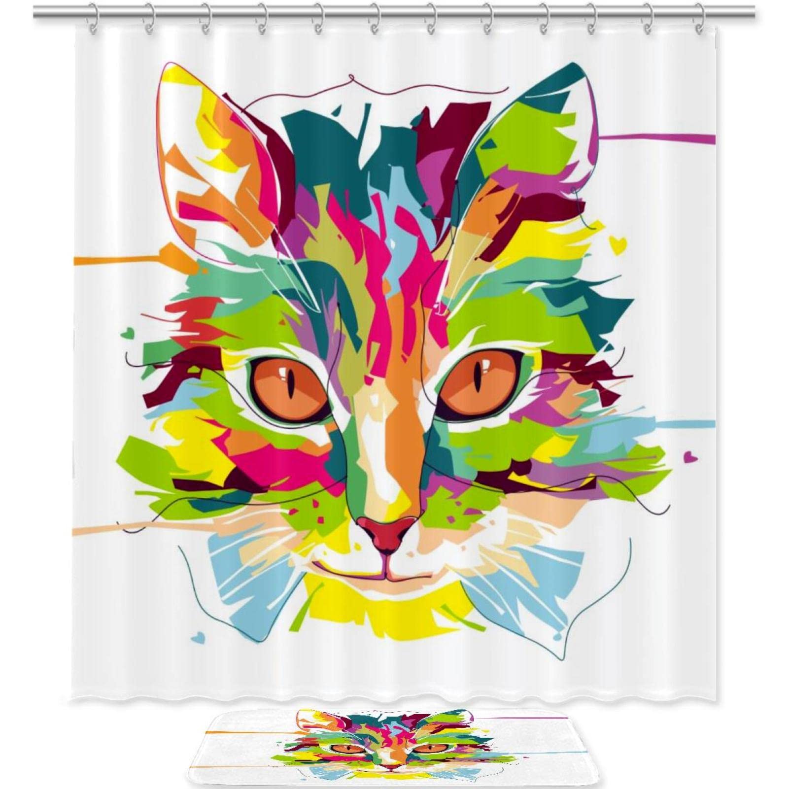 2-Piece Waterproof Bathroom Set with Shower Curtain & Non-Slip Rug - Washable Cat-Themed Decor for Bathroom, Shower, and Bathtub Areas - Colorful Creative Cat Head Design