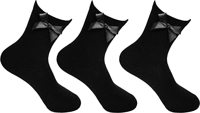 COSHAL® 3 Pairs Girls Cotton Ankle Socks with Fluffy Ribbon Bows - Soft School Uniform Socks for Kids, Comfortable Everyday Wear & Party Outfits - Perfect for School, Playdates, and Special Occasions