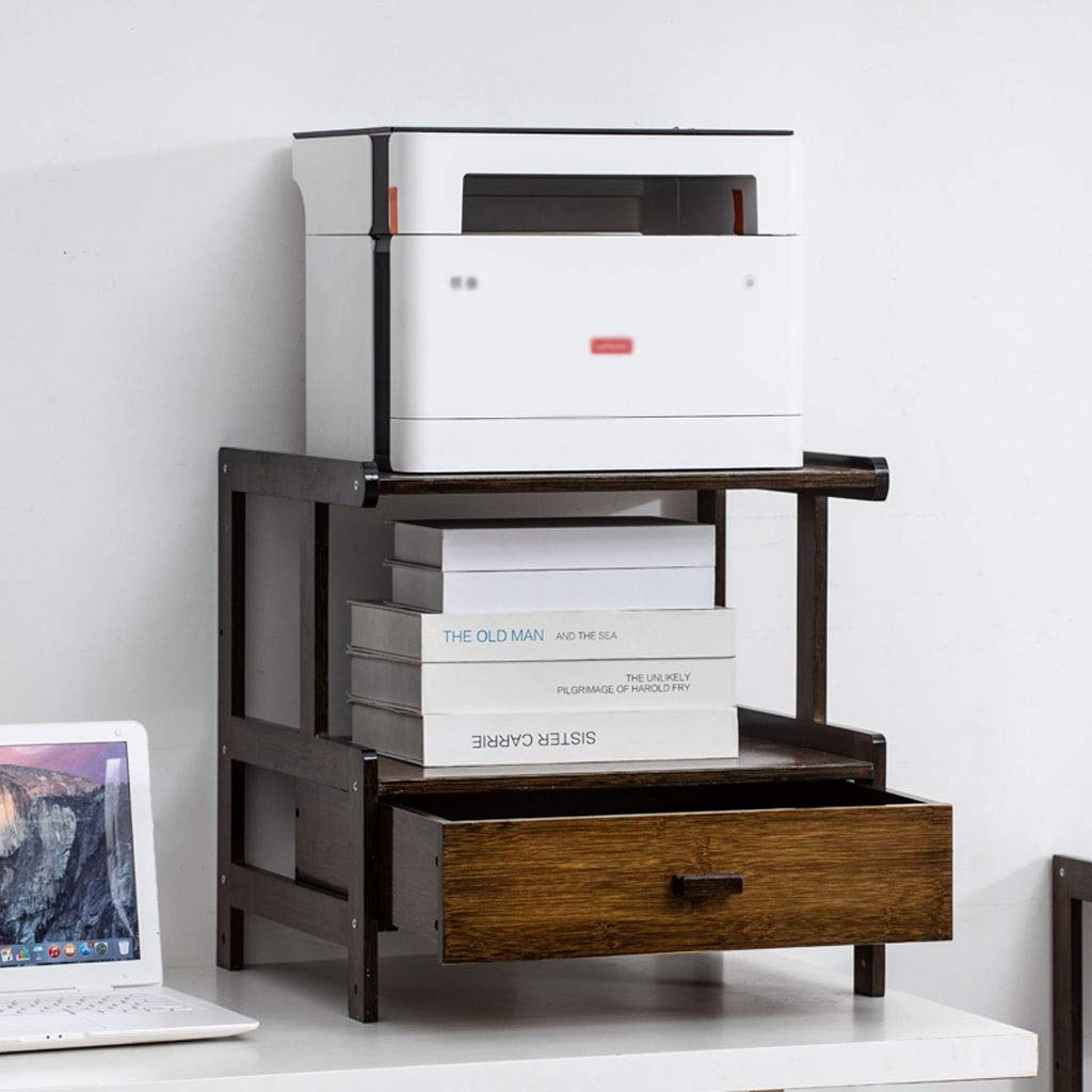 Brown Bamboo Printer Stand with Drawer - 2-Tier Multi-Functional Desktop Organizer for HP, Epson, Canon Printers - Home Office Storage Solution for Copiers, Scanners & Office Supplies