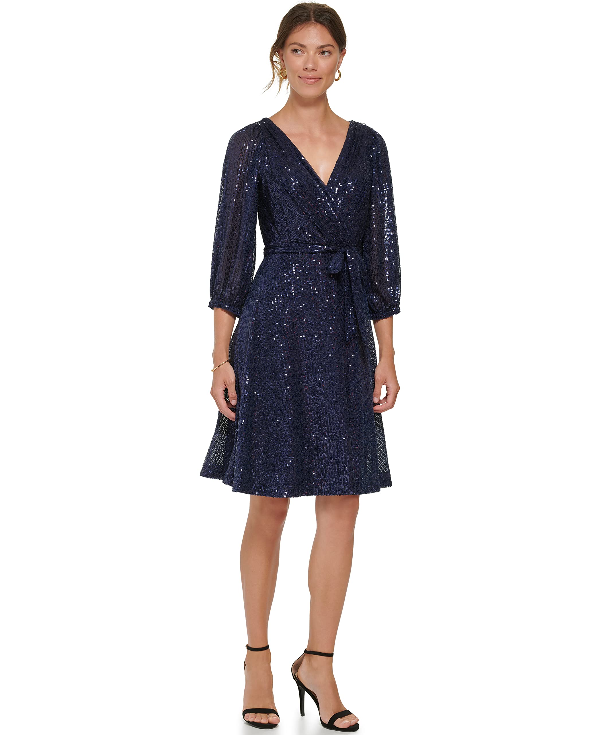 DKNY Women's Long Sleeve Sequin Surplice Faux Wrap Blouse - Elegant Party Top for Evening Events, Date Nights & Special Occasions
