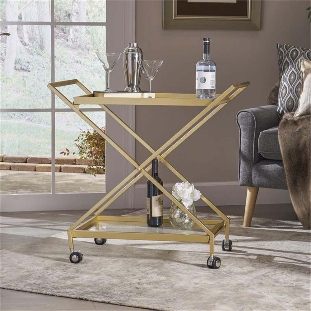 Noble House Sherianne Gold Iron Bar Cart with Tempered Glass Shelves - Stylish Rolling Drink Cart for Home Bar, Kitchen, or Outdoor Entertaining