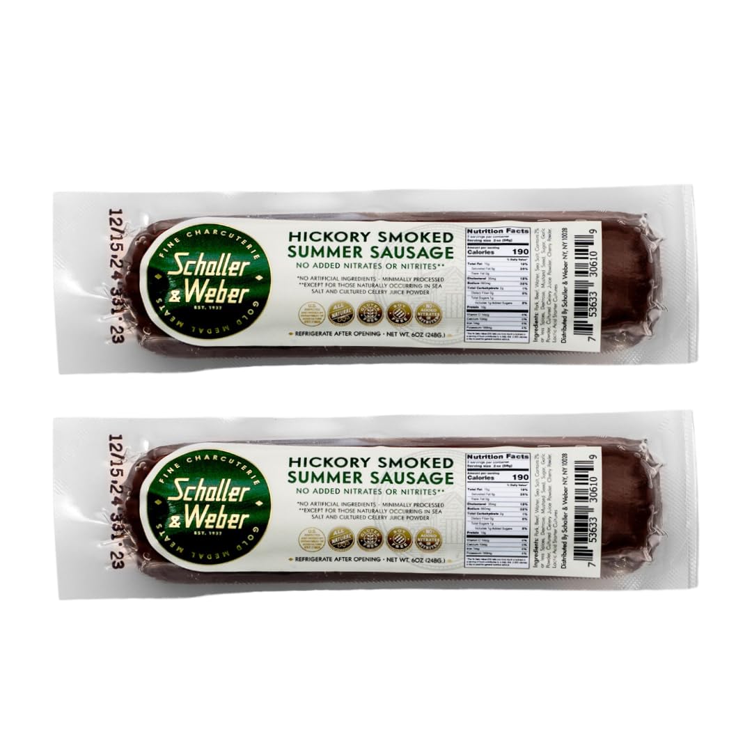 Schaller & Weber Hickory Smoked Summer Sausage - Gluten Free, Ready to Eat, 100% Natural Meat Snack - 6 Ounce (Pack of 2) - Perfect for Camping, Hiking & On-the-Go Snacking