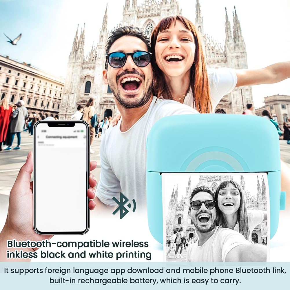 Saycker Mini Thermal Bluetooth Printer - Portable Inkless Sticker Maker for iPhone & Android, 200 DPI, 21 ppm, Includes 5 Rolls Paper (Blue) - Perfect for DIY Crafts, Labeling, Receipts & Small Business Use