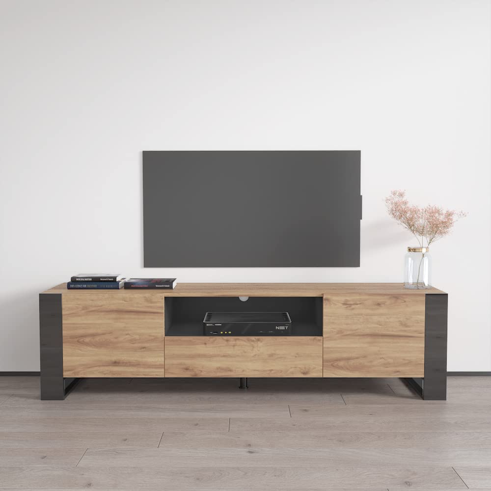 Modern Oak & Gray Freestanding TV Stand with Storage Cabinets - 75