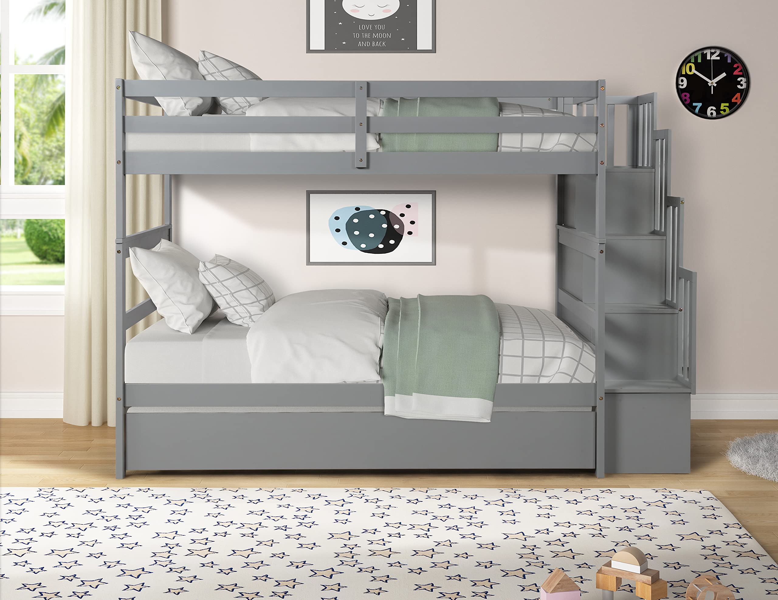 Harper & Bright Designs Twin Over Twin Bunk Bed with Trundle & Storage Shelf - Solid Wood Staircase Bunk Bed for Kids, Teens & Adults - Space-Saving Grey Bunk Bed for Small Rooms, Guest Rooms & Vacation Homes - No Box Spring Needed