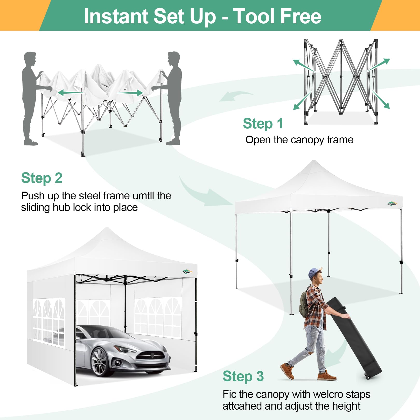 COBIZI 10x10 Pop Up Canopy Tent with 4 Sidewalls - Heavy Duty Commercial Canopy, UPF 50+ Sun Protection, Waterproof & Windproof for Outdoor Events, Weddings, Parties, and Camping - Includes Roller Bag (White)