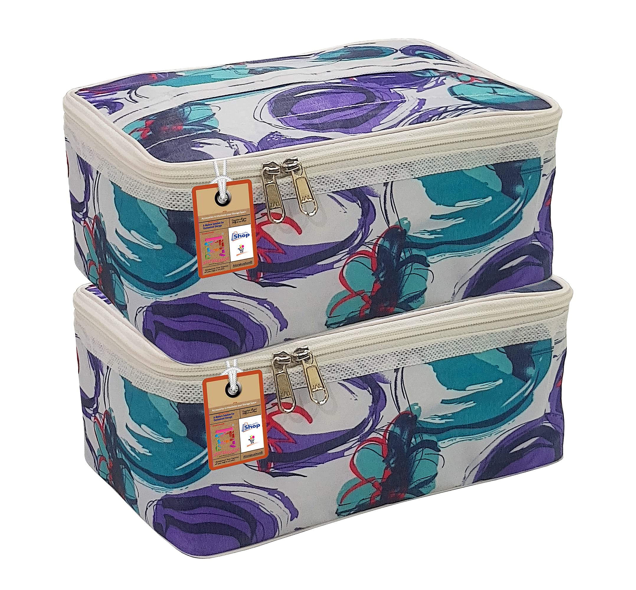 atorakushon® 2-Pack Fabric Makeup Storage Box & Travel Vanity Organizer - Cosmetic Toiletry Bag for Women with Jewelry Pouch, Multicolor - Perfect for Travel, Home Organization & Daily Beauty Routine
