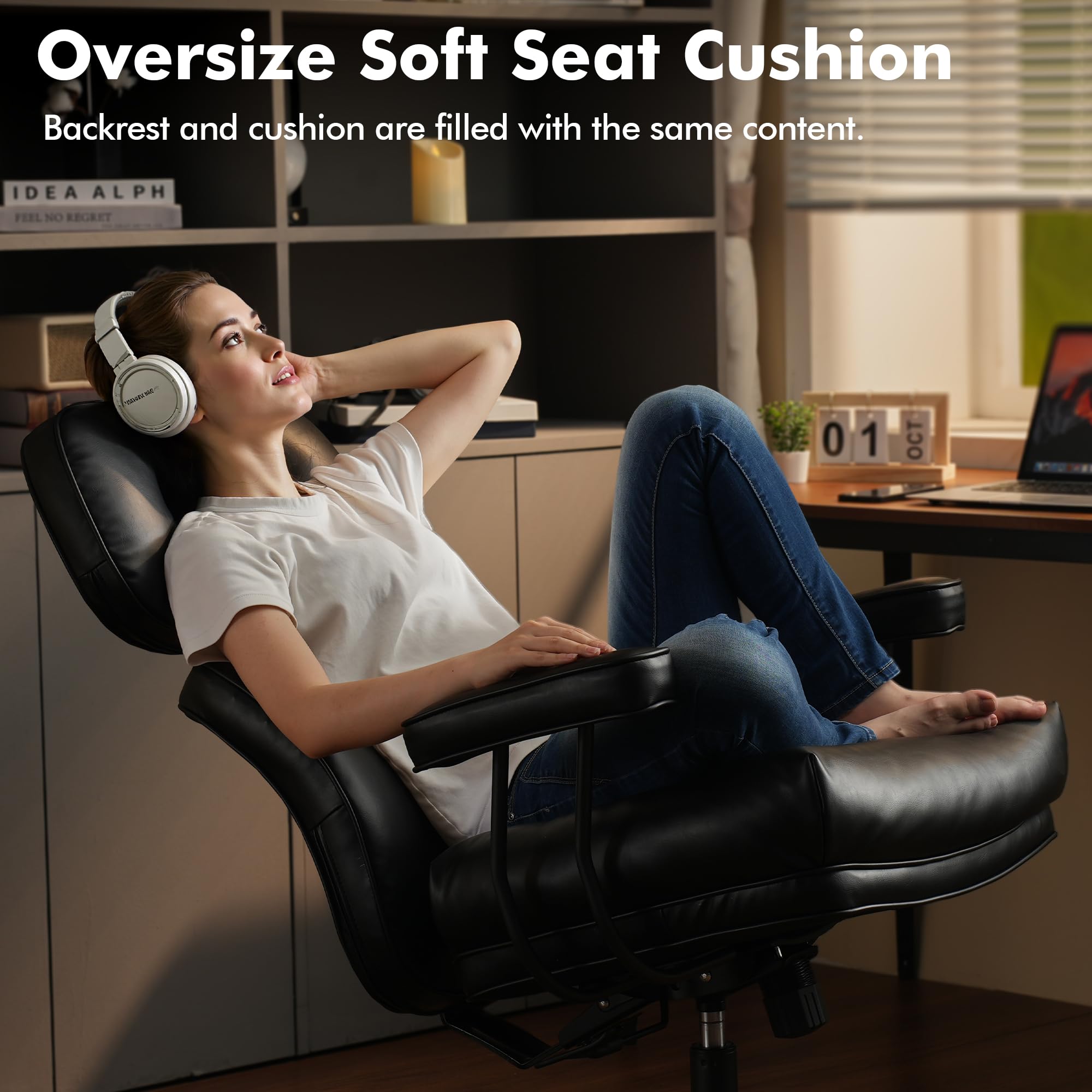 Premium High Back Executive Office Chair - Ergonomic PU Leather Desk Chair with Lumbar Support & Deep Seat for Big and Tall Users, Black | Ideal for Home Office, Gaming & Professional Workspaces