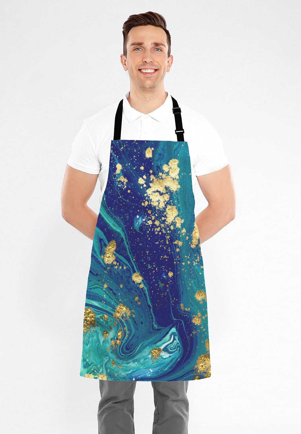 Blue Gold Marbled Bib Apron with Adjustable Neck Strap - Unisex Kitchen Apron for Cooking, Baking, BBQ & Grilling - Perfect for Chefs, Waiters, Bakers & Home Cooks - Ideal for Restaurants, Cafes & Outdoor Barbecues